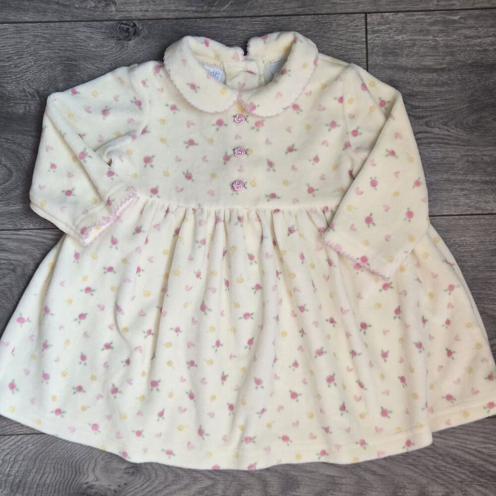 VTG Miniwear Classics Baby Girls Fleece Dress 3-6M Yellow Floral Rose Velour 90s